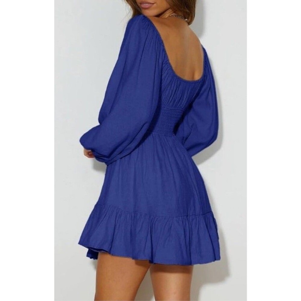 Dokotoo L Milkmaid Mini Dress L Square Neck Lantern Sleeve Smocked Boho Coquette - Picture 3 of 15